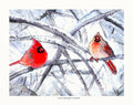 Pair of Cardinals - Male and Female Birds - Winter Landscape Watercolor | Art Print