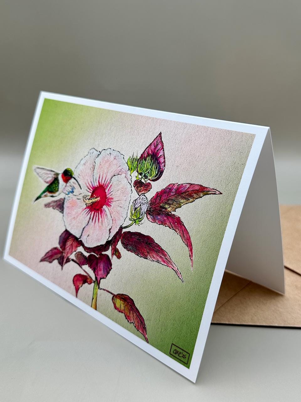 Hummingbird and Hibiscus Botanical Watercolor Art Print | 5x7" Blank Greeting Card
