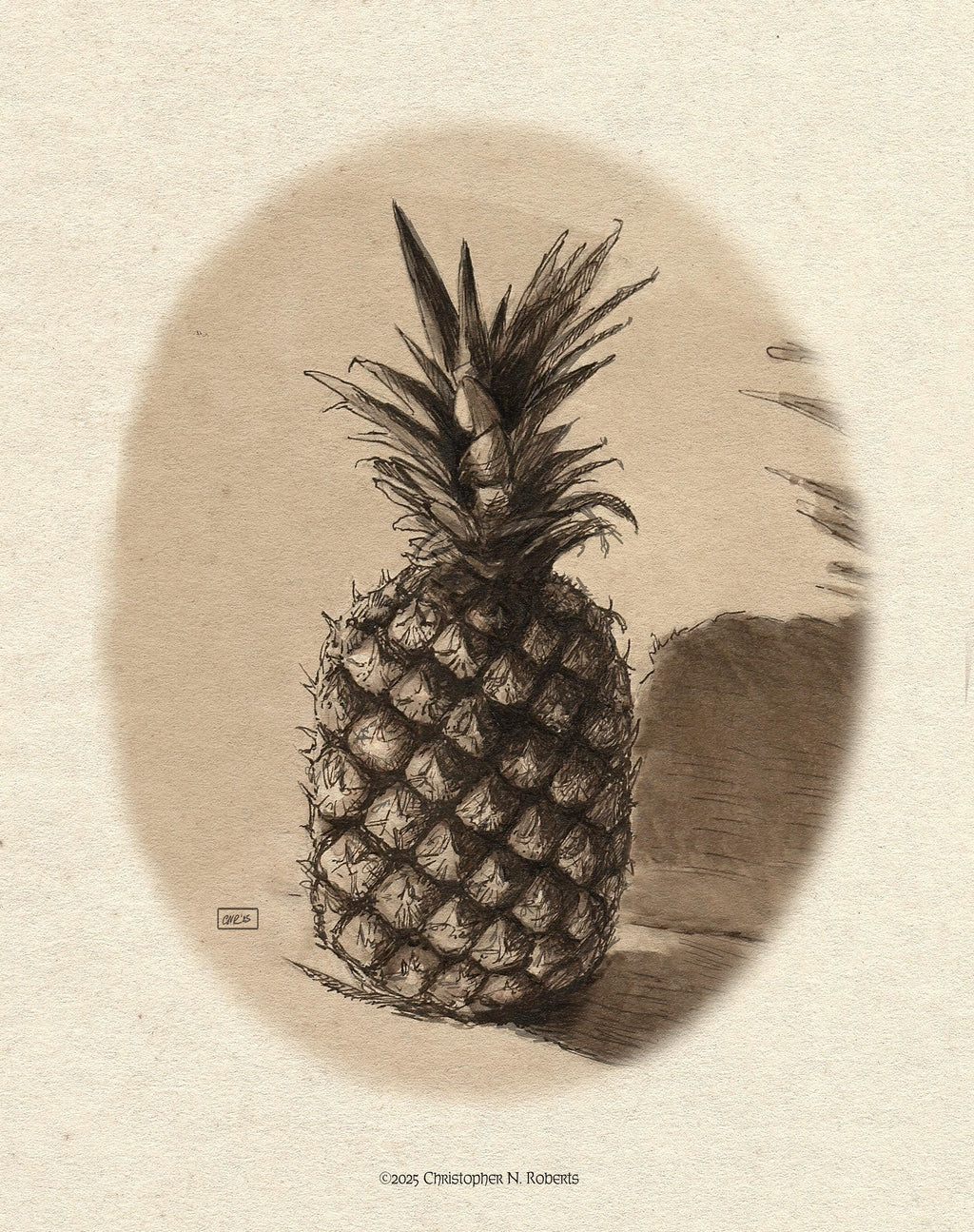 Sepia Pineapple Kitchen Decor: Traditional Pen & Ink Fruit Illustration | Art Print