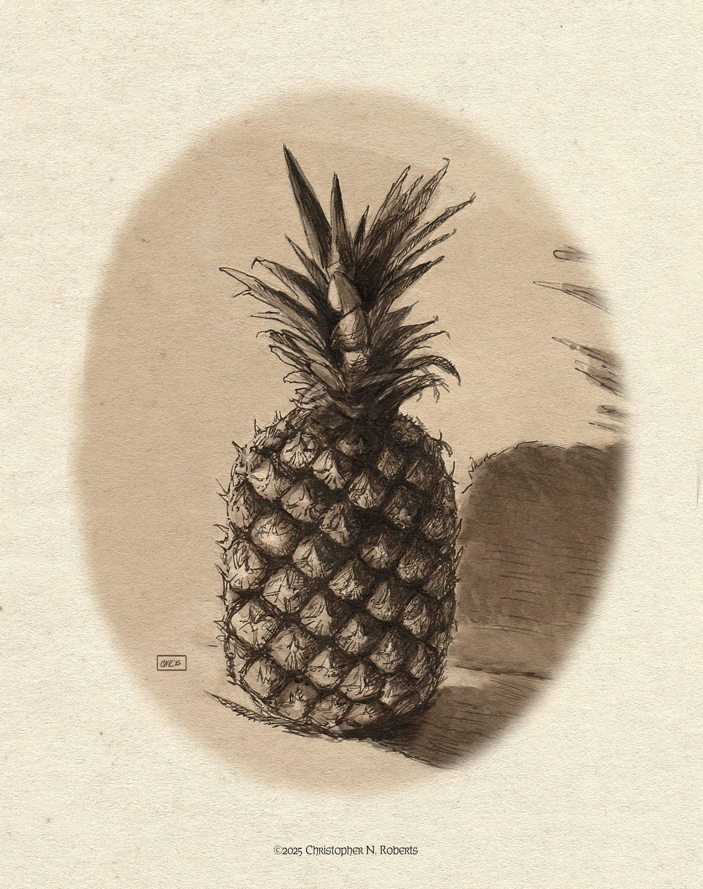 Sepia Pineapple Kitchen Decor: Traditional Pen & Ink Fruit Illustration | Art Print