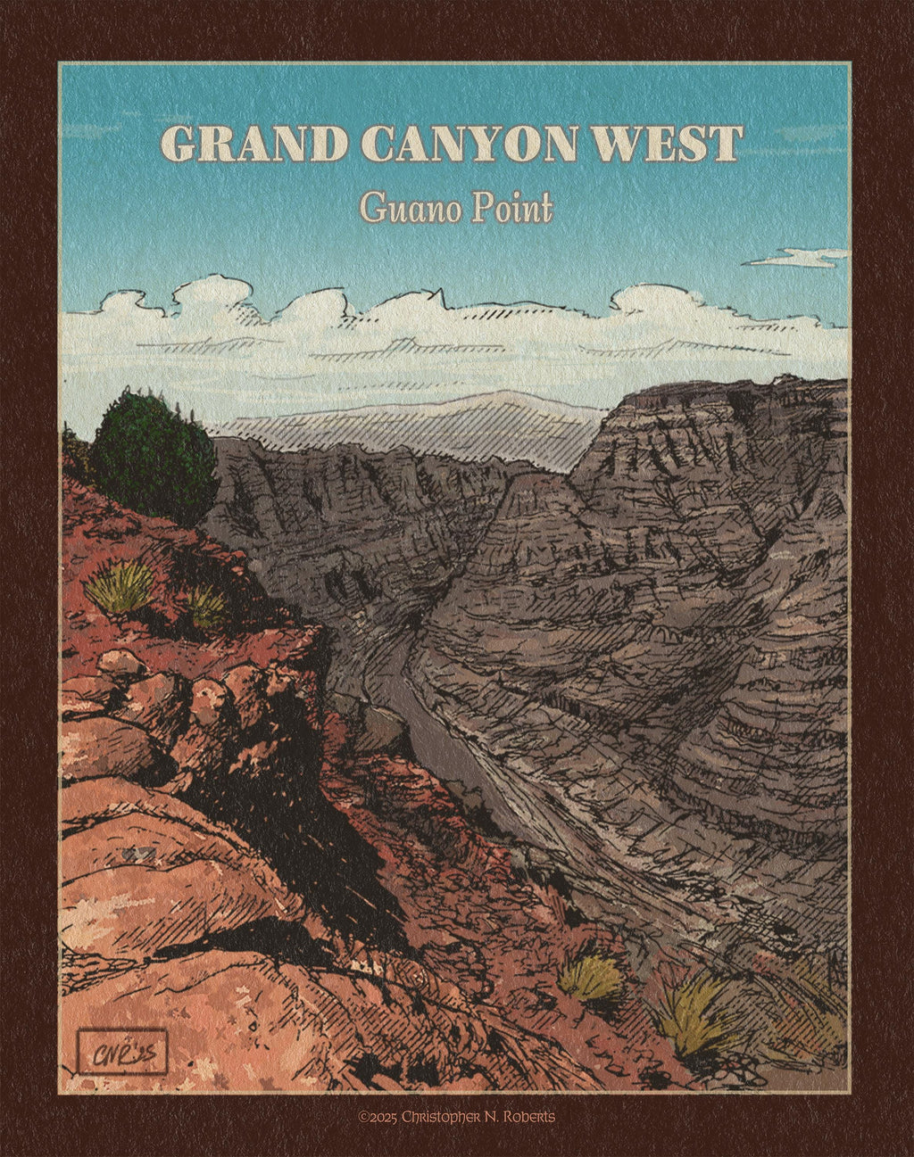 Grand Canyon West Rim - Guano Point Western Landscape - Hand Drawn Poster | Art Print
