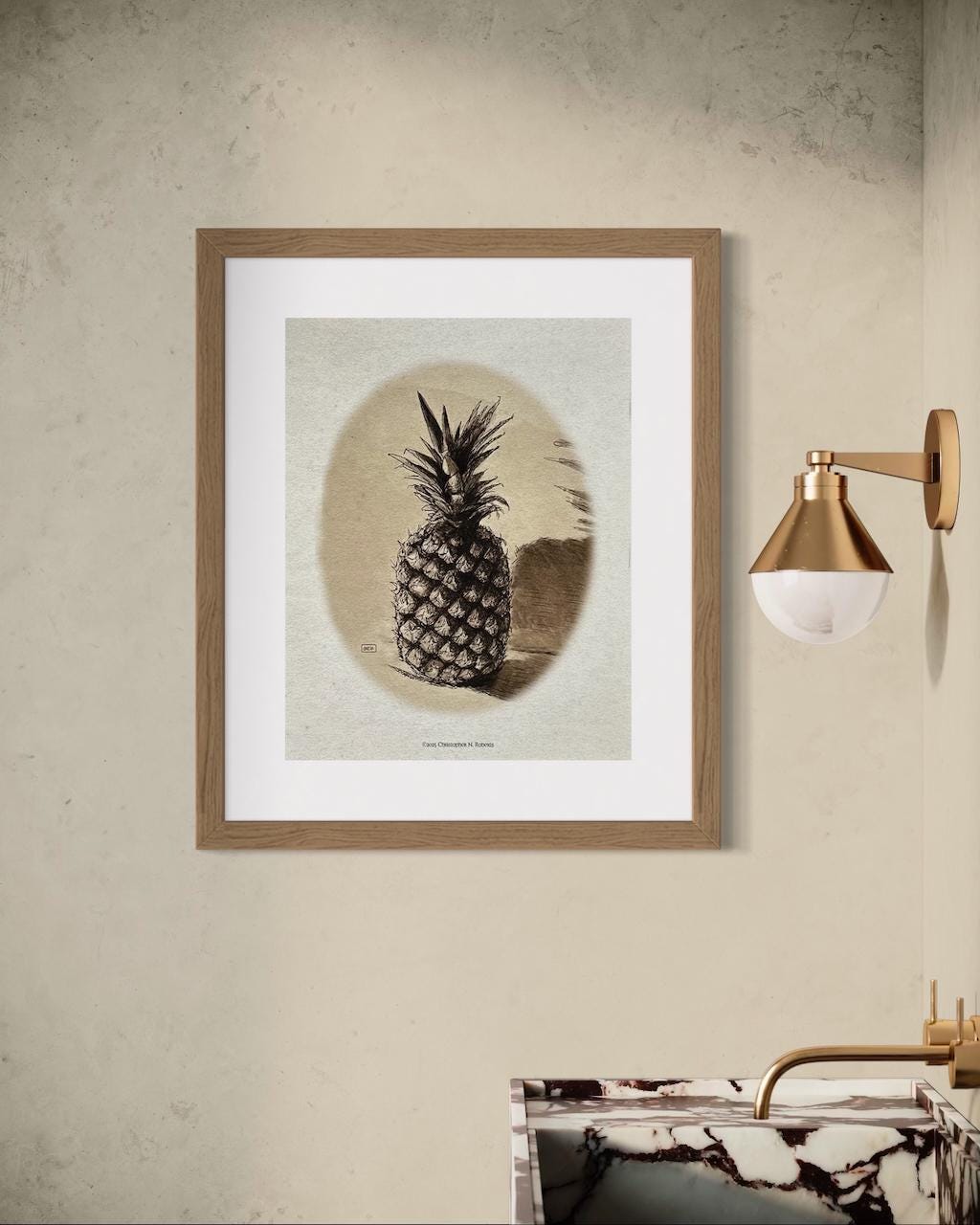 Sepia Pineapple Kitchen Decor: Traditional Pen & Ink Fruit Illustration | Art Print