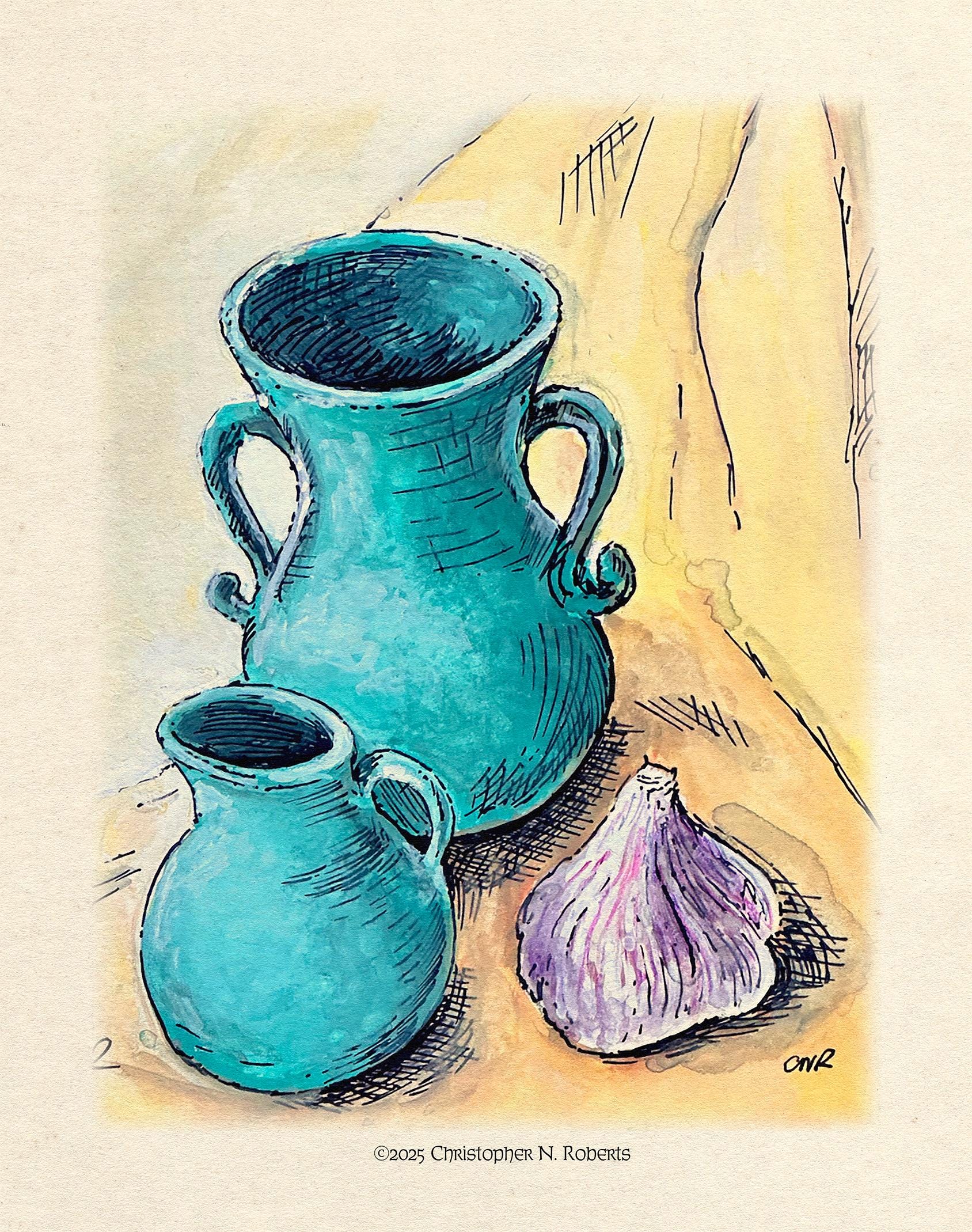Celadon Green Pottery and Garlic Clove - Watercolor Still Life | Art Print