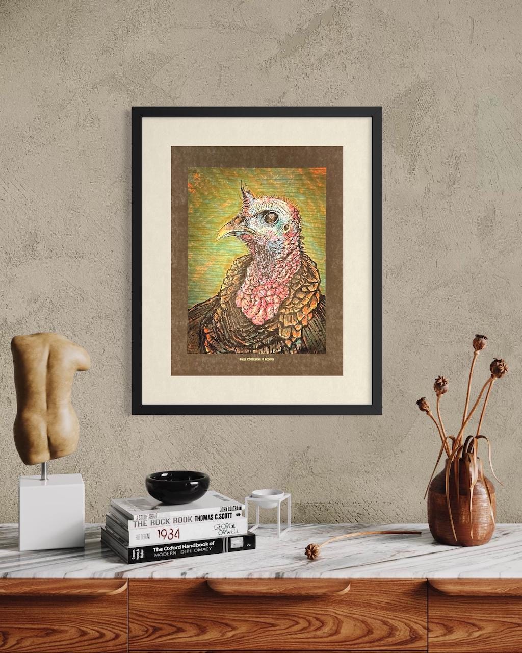 Tom Turkey Gobbler Bird Portrait - Illustrated Pen & Ink - Autumn and Thanksgiving Decor | Art Print