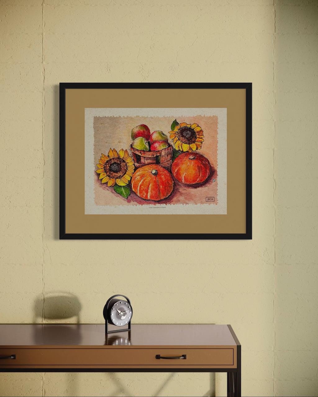 Fall Harvest Watercolor Still Life - Apples, Gourds, Sunflowers | Art Print