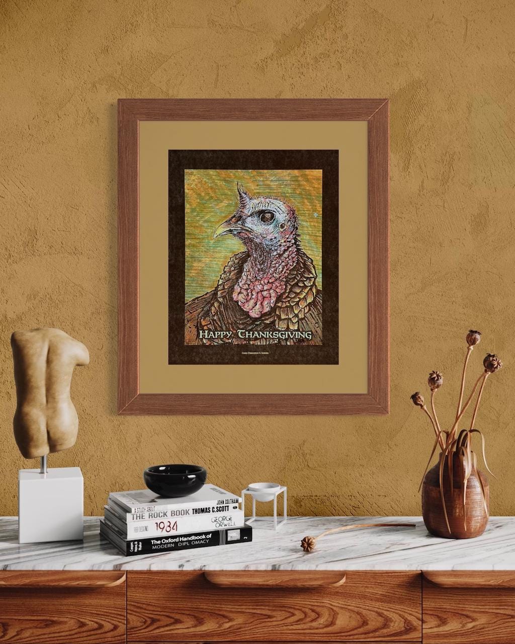 Tom Turkey Gobbler Bird Portrait - Illustrated Pen & Ink - Autumn and Thanksgiving Decor | Art Print