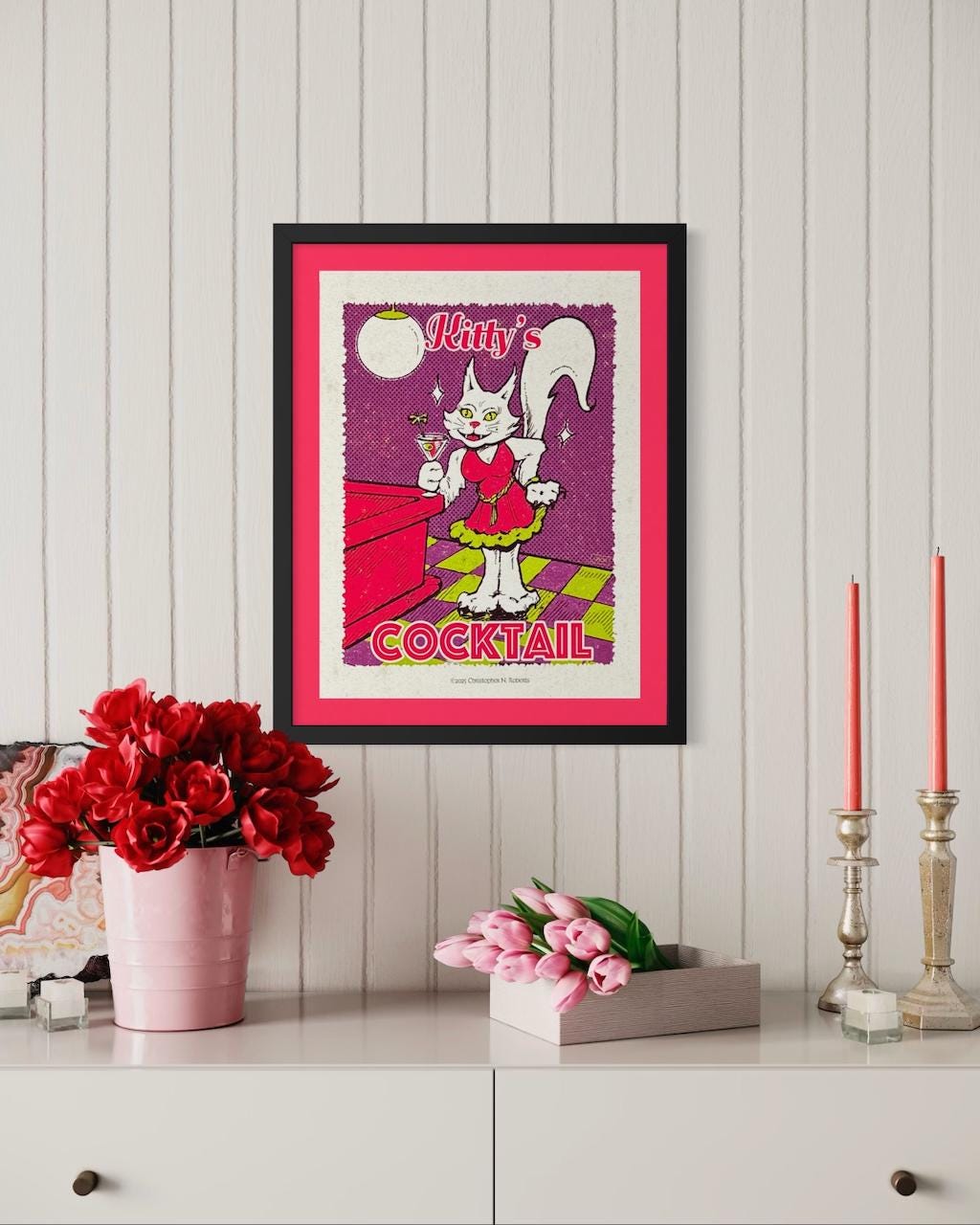 Kitty’s Cocktail – Colorful Sassy Cat Poster - Fun Cocktail Lounge Illustration | Art Print
