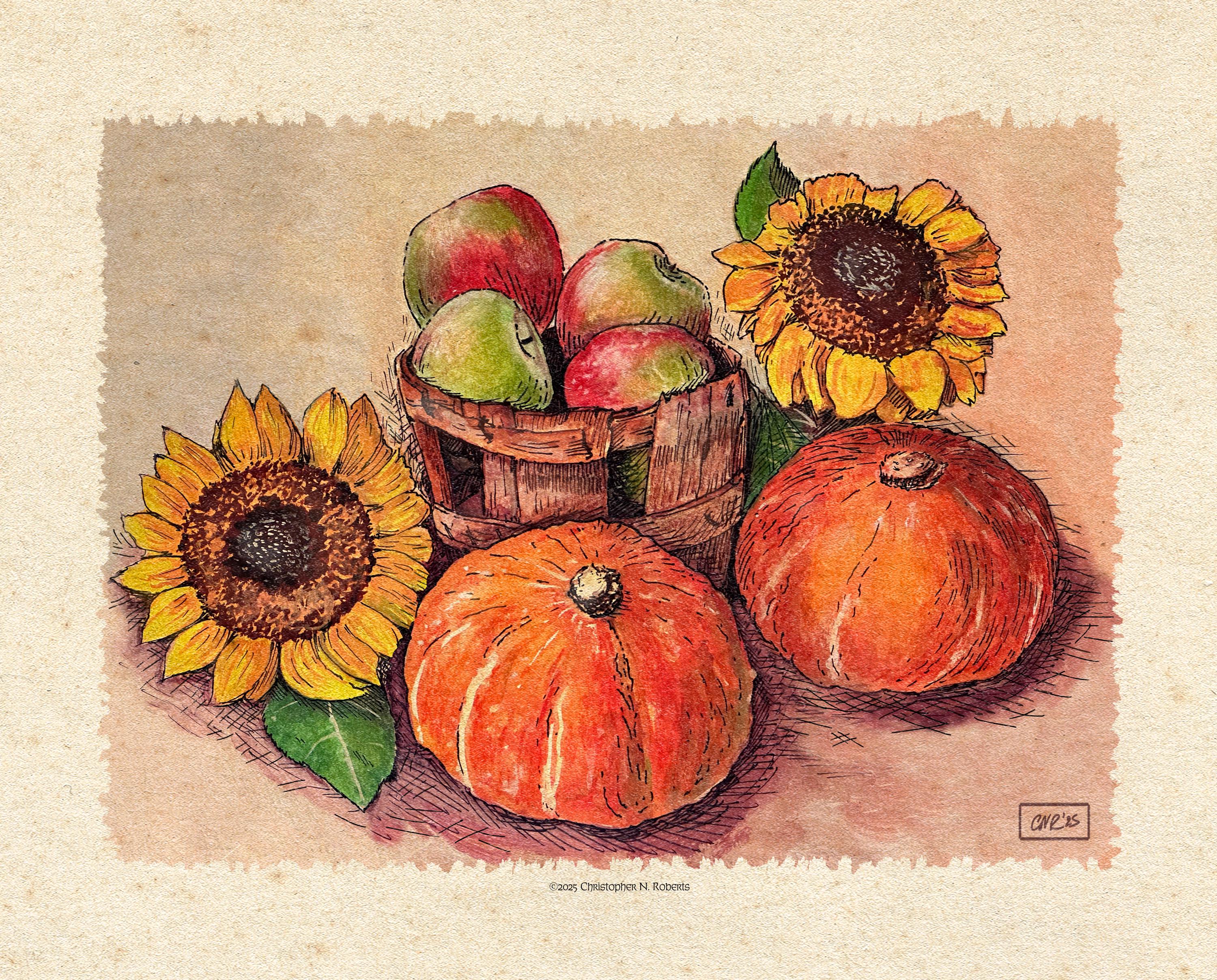 Fall Harvest Watercolor Still Life - Apples, Gourds, Sunflowers | Art Print