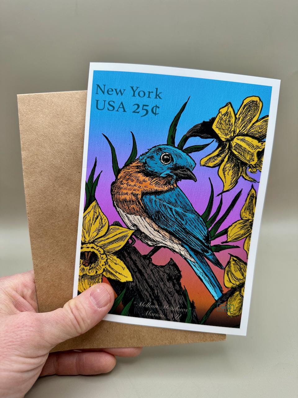 Bluebird and Daffodil Print - Vintage Pen & Ink Illustration | 5x7" Blank Greeting Card