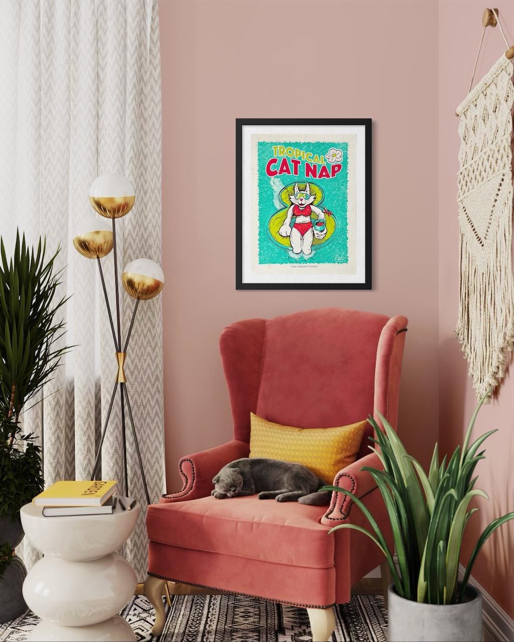Tropical Cat Nap – Cat in Pool with Cocktail - Whimsical Feline Wall Decor | Art Print