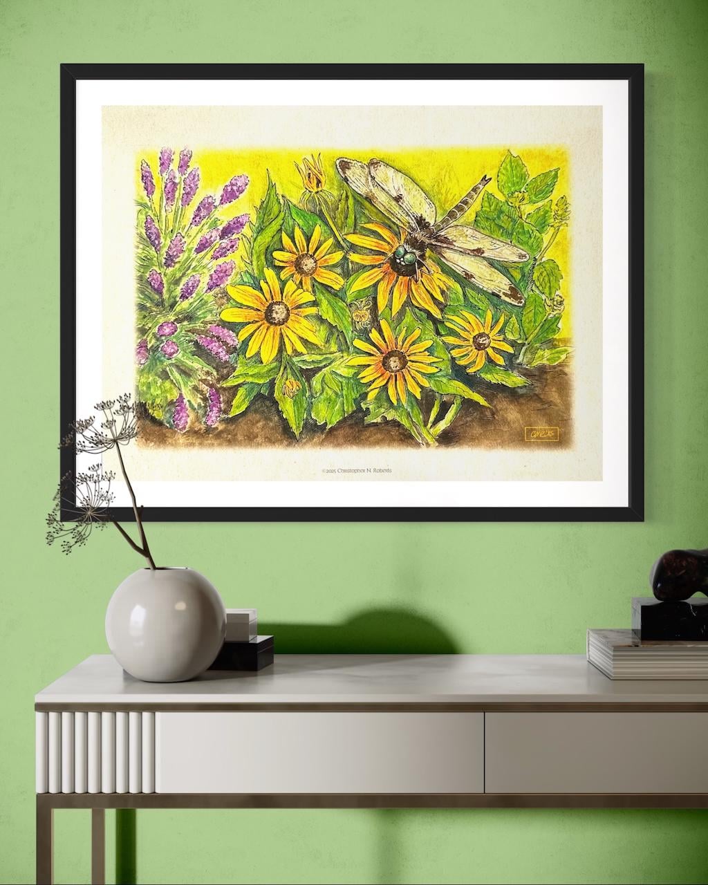 Dragonfly's Garden - Lavender, Mint and Black-Eyed Susans - Botanical Drawing | Art Print
