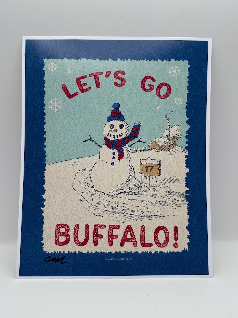 Let's Go Buffalo Football Holiday Snowman Fan Decor - Western NY Winter Scene  | Art Print