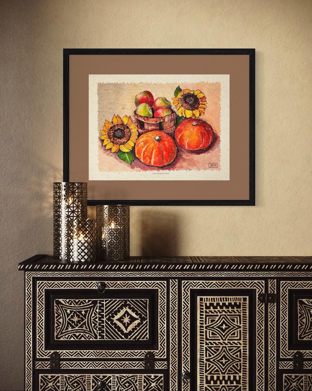 Fall Harvest Watercolor Still Life - Apples, Gourds, Sunflowers | Art Print