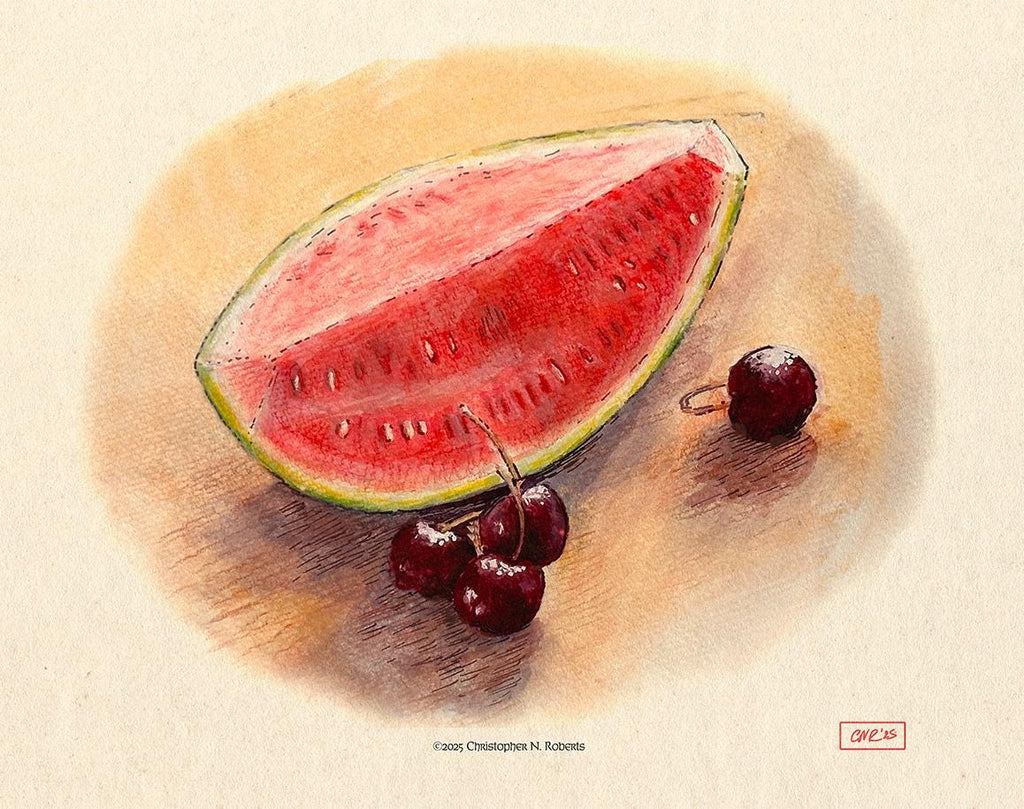 Watermelon & Cherries Watercolor Still Life – Summer Kitchen | Art Print