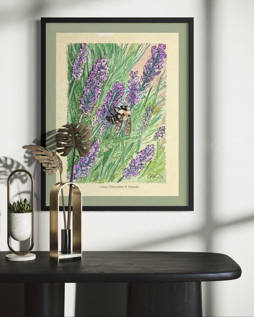 Bumble Bee on Lavender - Nature Lover Botanical Illustration - Watercolor and Pen | Art Print