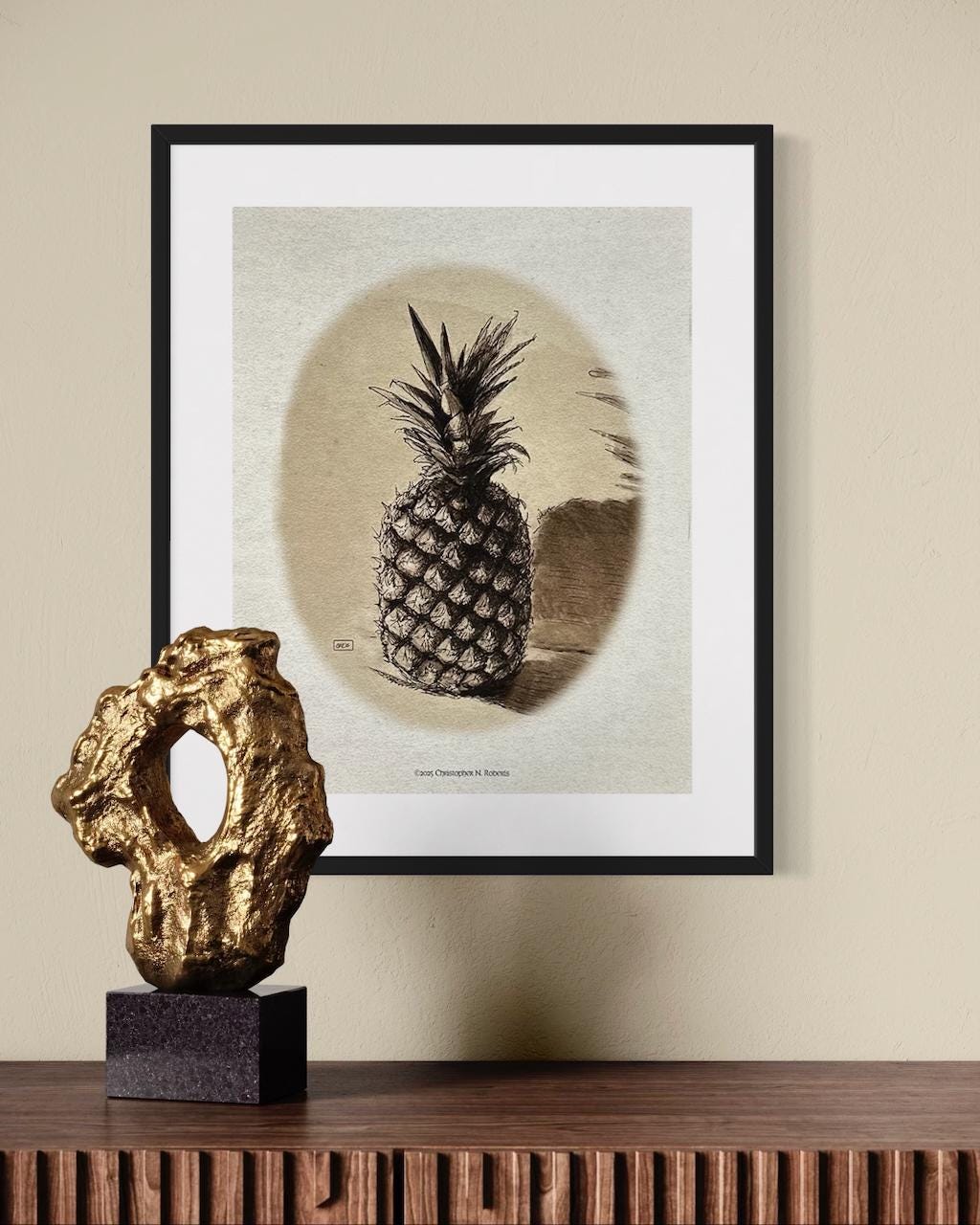 Sepia Pineapple Kitchen Decor: Traditional Pen & Ink Fruit Illustration | Art Print