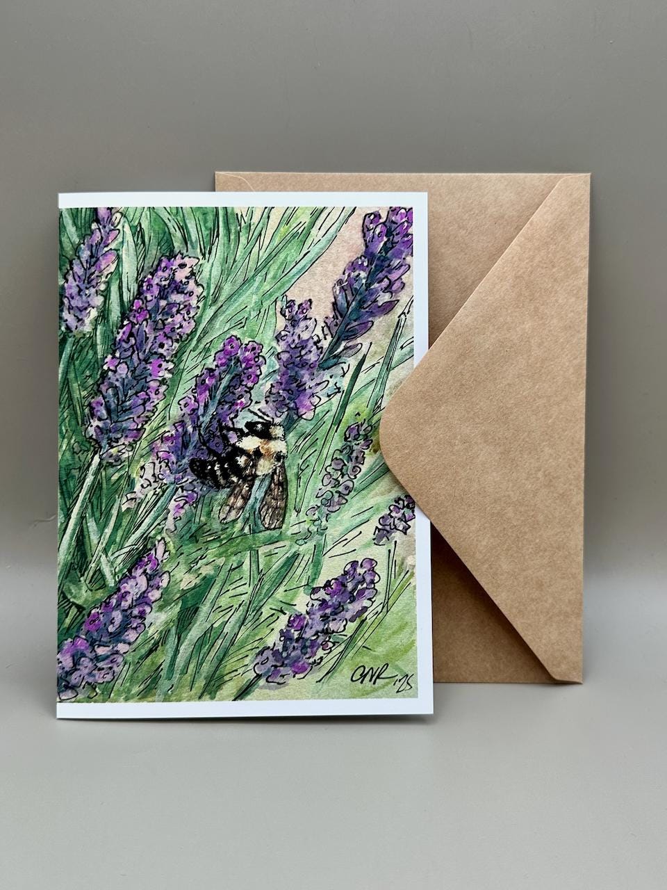 Bumble Bee on Lavender - Botanical Watercolor Print | 5x7" Blank Greeting Card